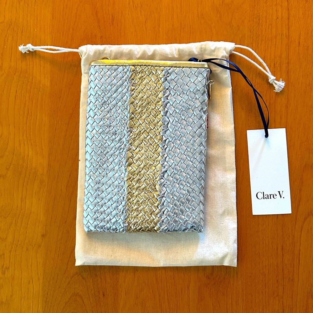 Clare V. NWT Gold & Silver Woven Stripe Crossbody Poche Bag Metallic Chain